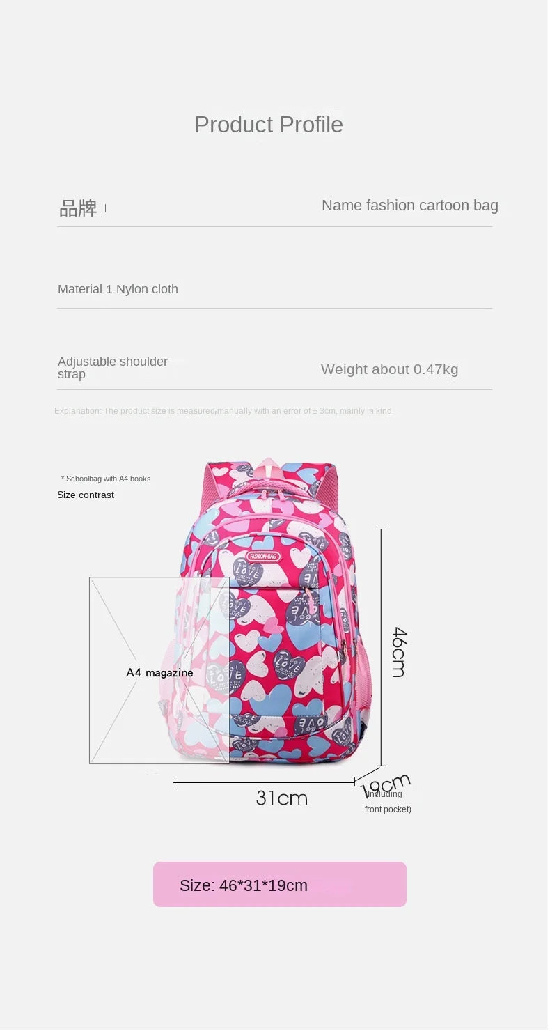 Student Boys And Girls School Bags Love Heart Printed Student Shoulder School Bags 1-6 Grade Light Weight Double  Shoulder Bags