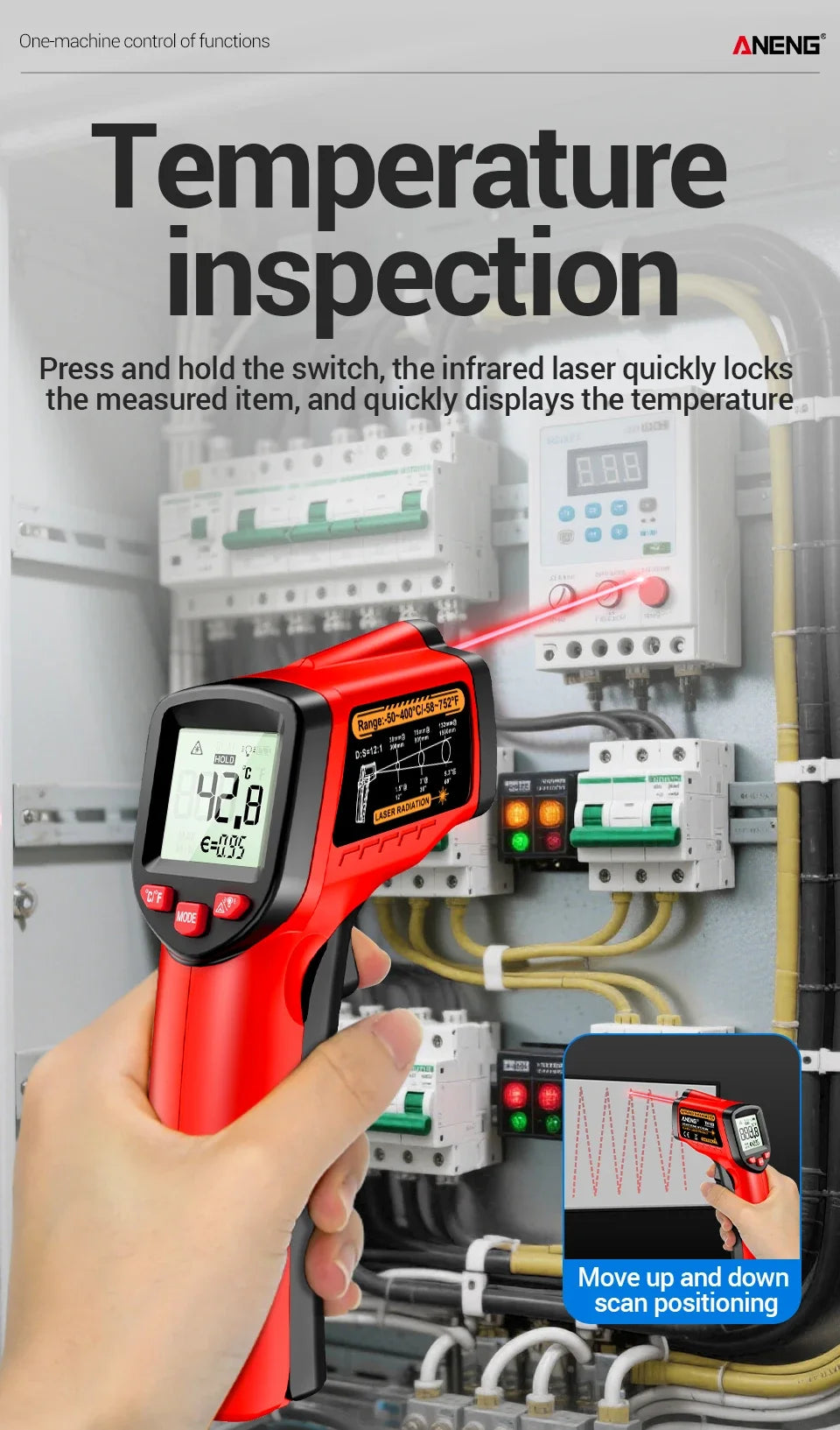 ANENG TH109 Red Laser Thermometer Object Distance Ratio12:1 Non-contact  Temperature Meter -50~400℃  Pyrometer Tester Hygrometer