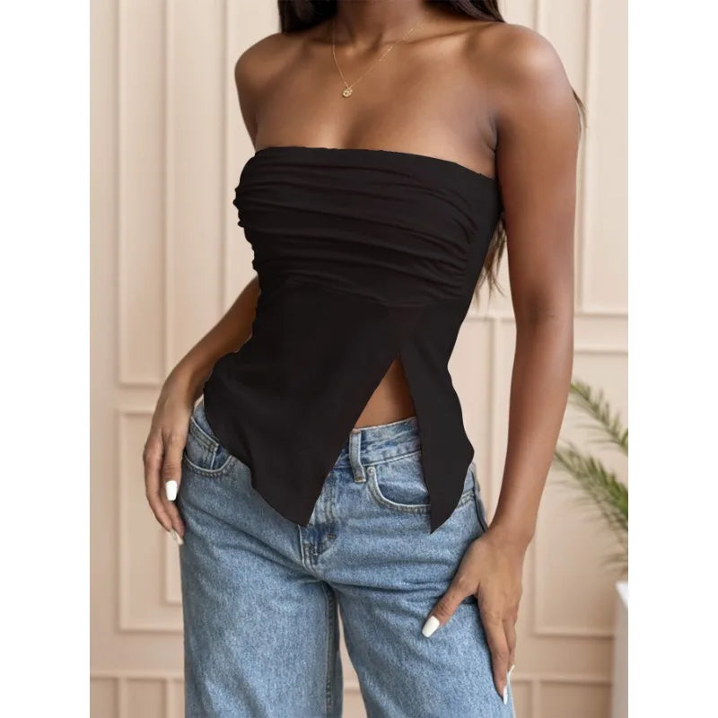 Women Summer Off Shoulder Sexy Pink Asymmetrical Tops Slash Ruched Irregular Split Tops Tank Camisole Elegant Sexy Slim Corset