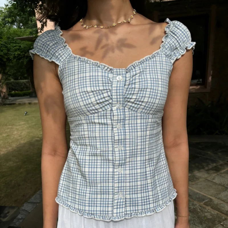 Women Summer Y2K Babydoll Crop Top Fairy Grunge Button Up Shirt Cap Sleeve Slim Fit Ruffle Hem Coquette Top