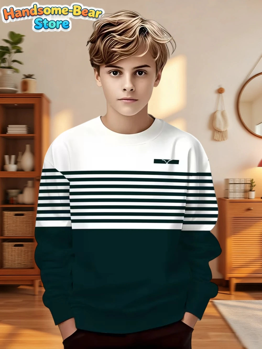 Autumn Classic Boys Sweatshirt Outdoor Round Neck Long Sleeves Top Stripe 3D Print Loose Hoodies Streetwear Children's Clothing