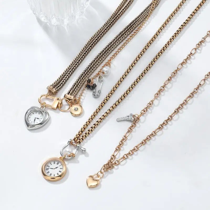Necklace with Fashion Pin, Button Key, Heart Pendant for Women; Bohemian Multi-Strand Clavicle Chain Accessory