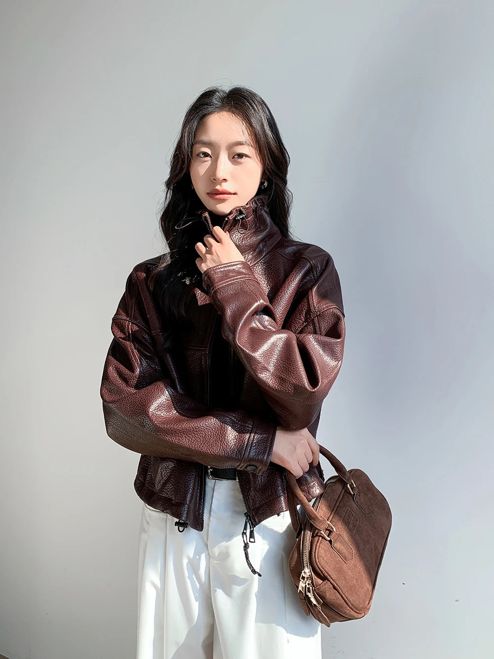 Vintage Genuine Leather Cropped Jackets for Women Spring Autumn 2025 New High-end Simple Stand Collar Bubble Real Sheepskin Coat
