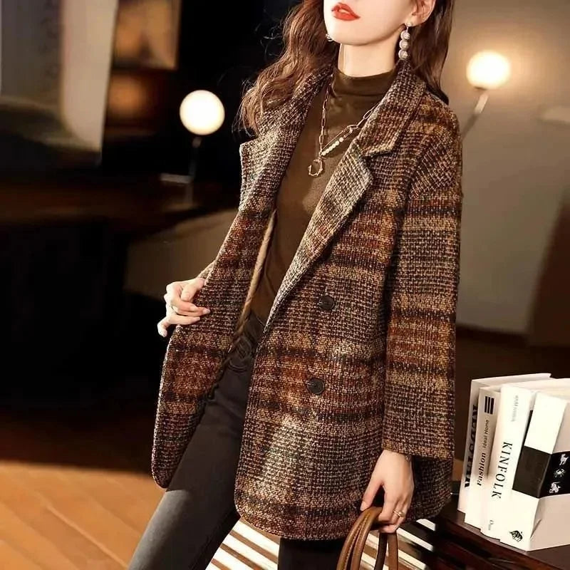 Plaid Suit Woolen Coat Women Autumn Winter New Korean Fashion Loose Woolen Coat Mid-Length Wool Blazer Overcoat Woman Jacket