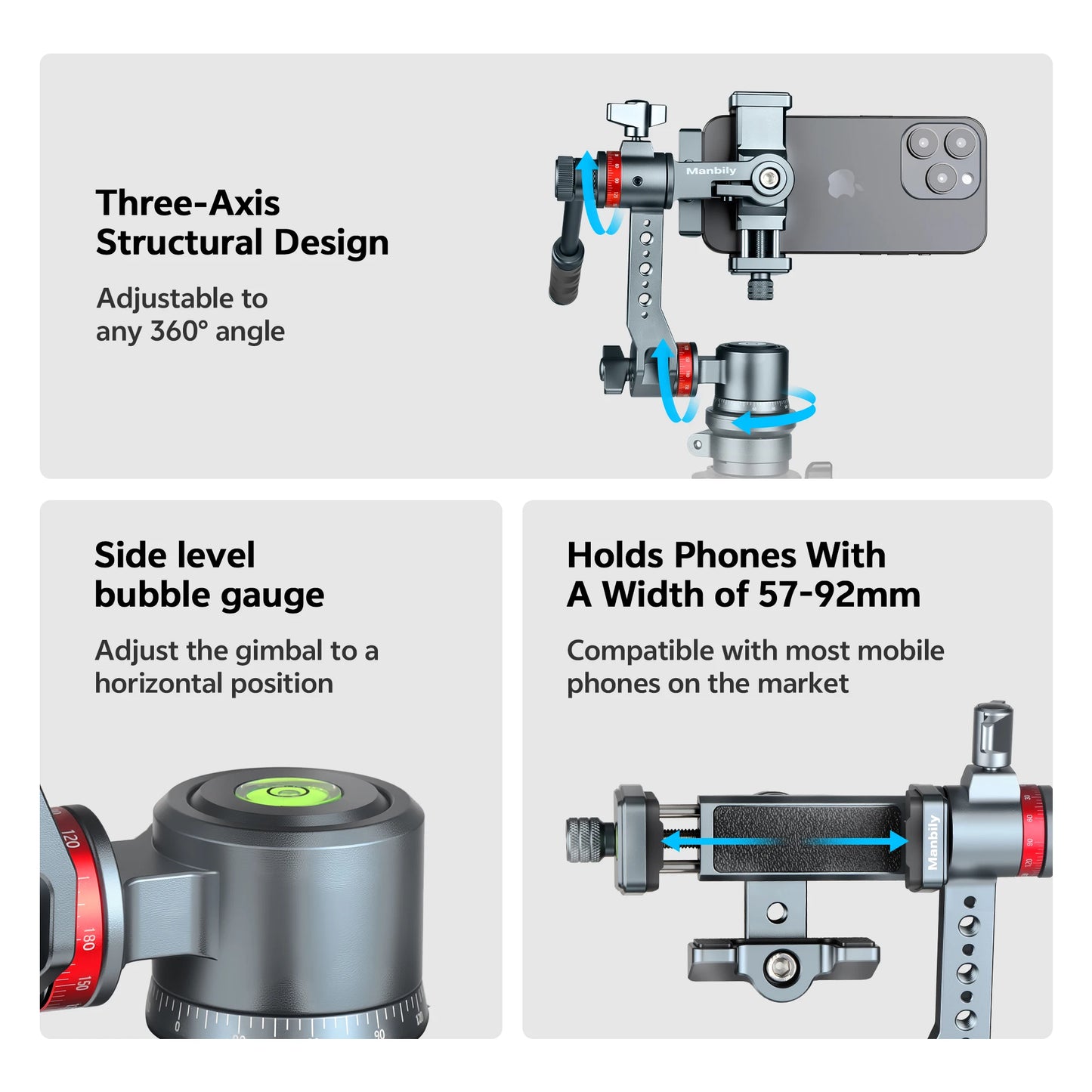 Manbily YJ-002 Mobile Camera Gimbal 360° Rotation Adjustable for Live Streaming Aluminum Camera Gimbal with Handle