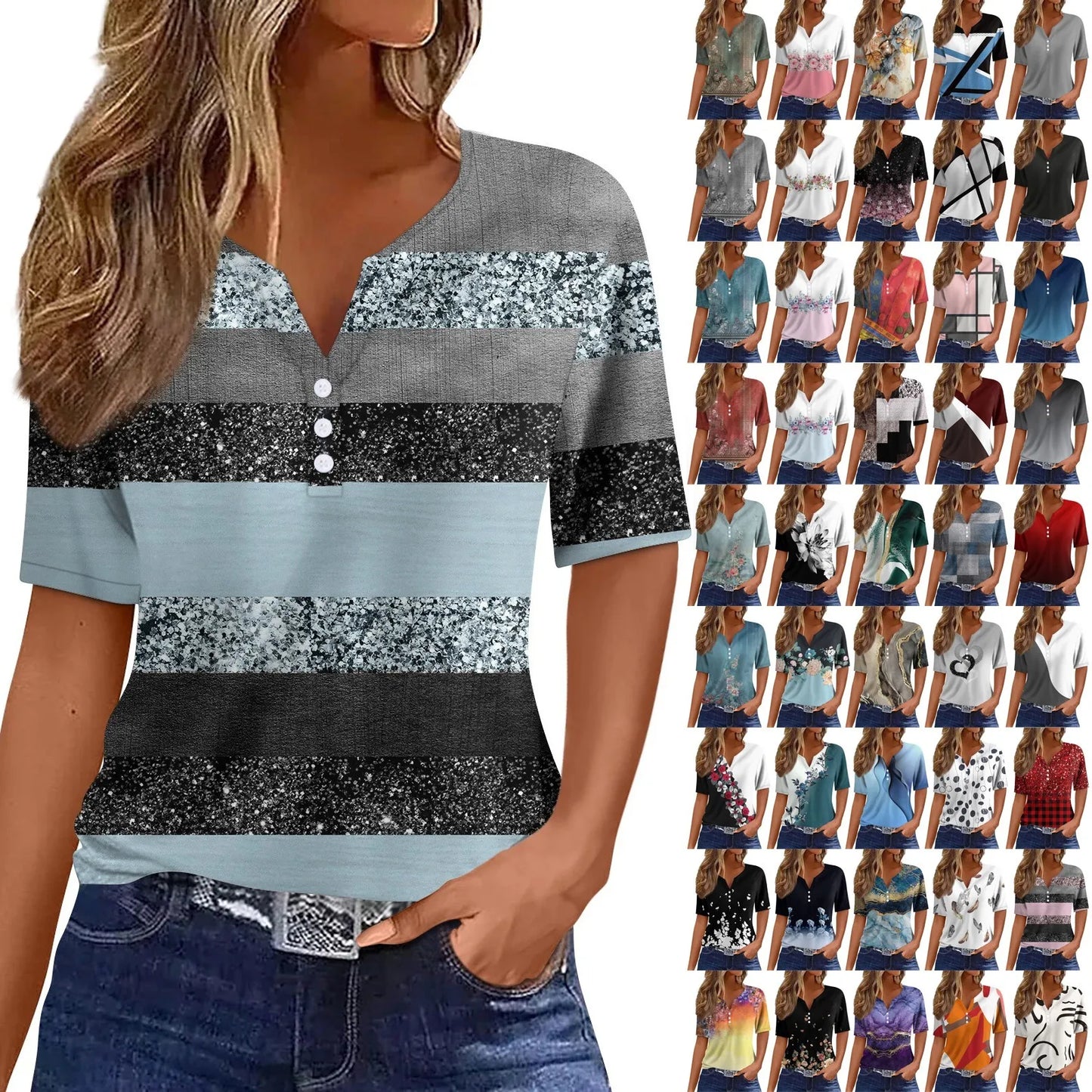 Summer Women T-Shirts 3D Fashion Print Gradient Harajuku T Shirt Oversized Tees for Ladies Clothing New Short Sleeve V-Neck Tops