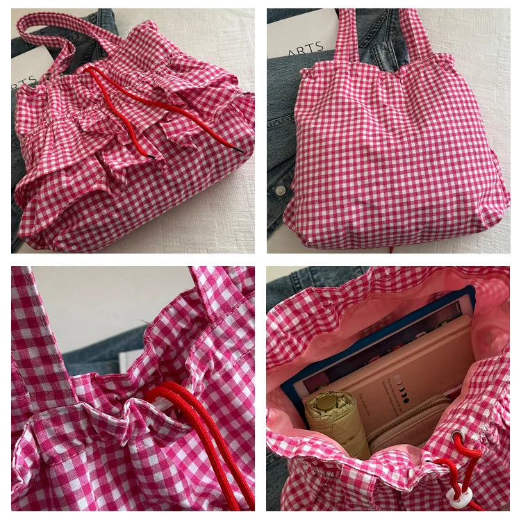 Women's Tote Bag Ruffles Plaid Drawstring Handbag Women Fashion Canvas Shoulder Bags	Large Capacity Korean Bags Bolsos De Mujer