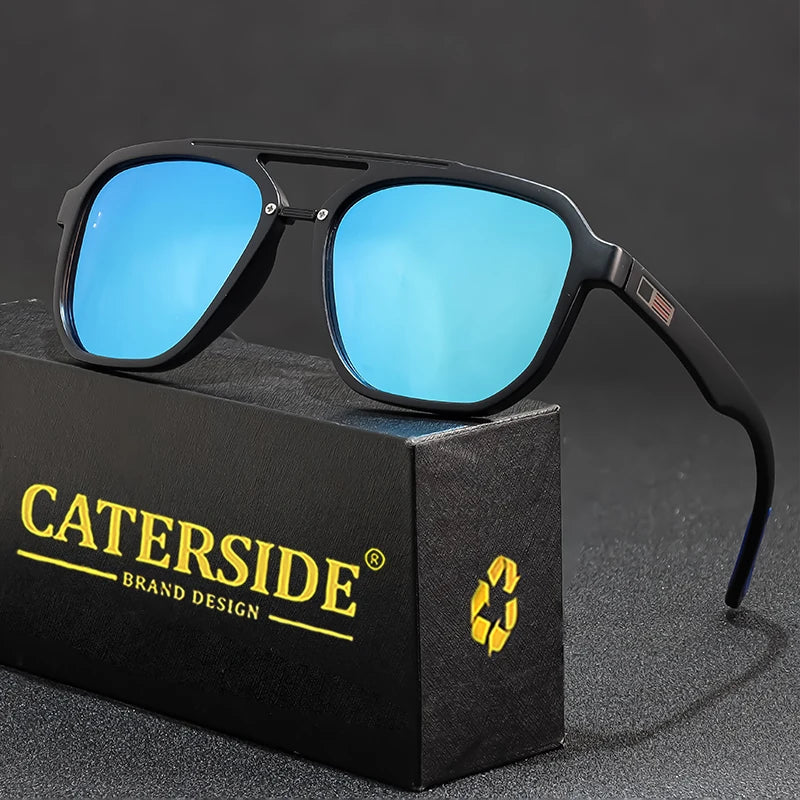 CATERSIDE New Polarized Sunglasses Men's Round Flat Top Double Bridges TR Frame Spring Hinge Women Sun Glasses Sports Driving