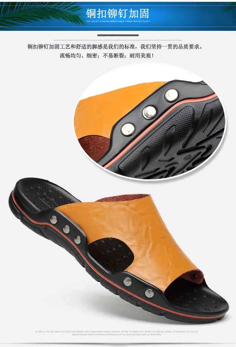 Genuine Leather Slippers for Men Casual Big Size Wear-Resistant Non-slip Fashion Flat Breathable Comfortable Shoes Summer Main