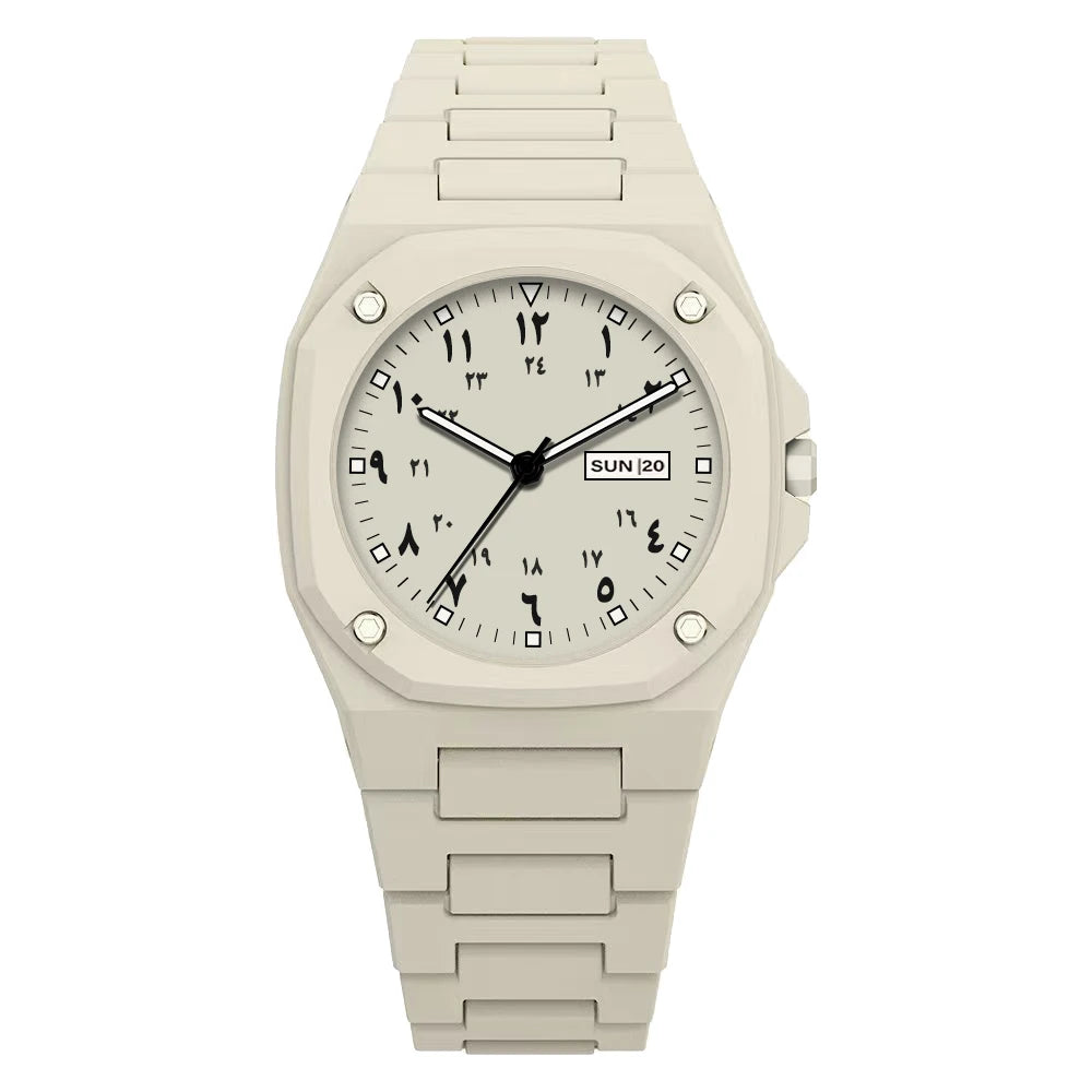 Both men and women can wear this stylish new men's watch. It is a simple black men's quartz watch with Arabic numerals and a cas