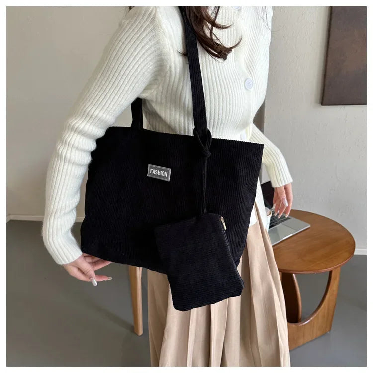 Ladies' handbag, corduroy ladies' shoulder bag, daily commuting tote bag, shoulder bag with small bag