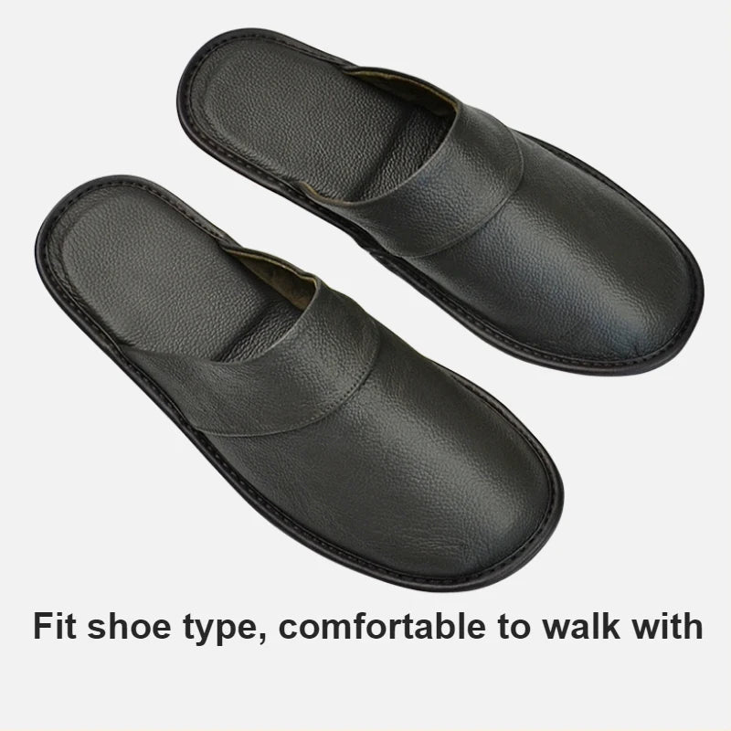 Genuine Cow Leather Slippers Homes in indoor slipper Spring Autumn summer men women elderly non-slip casual single Slides shoes