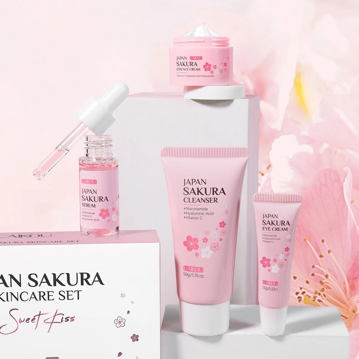 Japan Sakura Skincare Set 4pcs Hydrating Tightening Cleanser Serum Essence Cream Eye Treatment Soften Clean Skin Beauty
