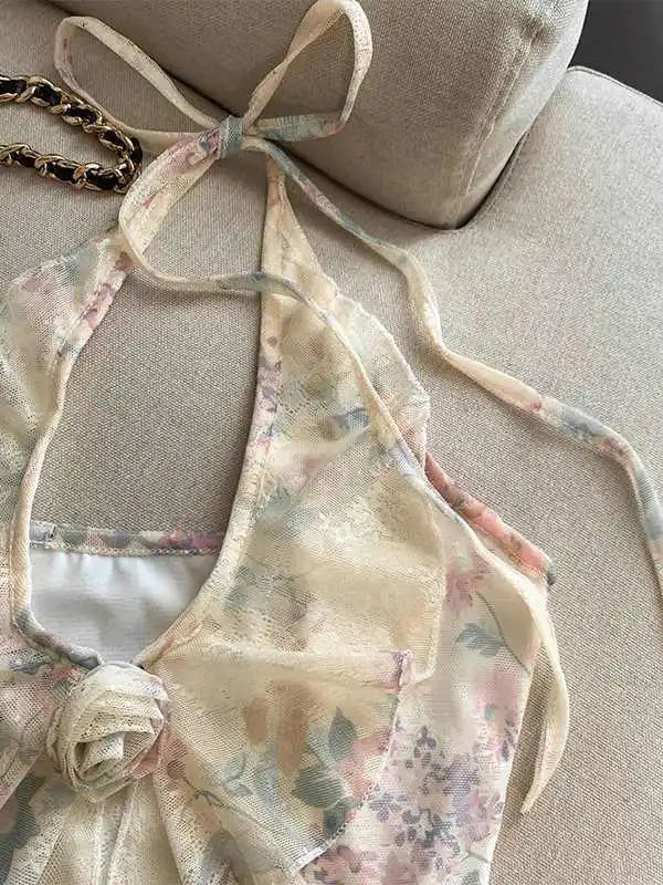 Summer Floral Halter Top Women Sweet Fairy Lace Bow Slim Fit Sleeveless Blouse Elegant Cute Mesh Transparent Layer Shirt Vest