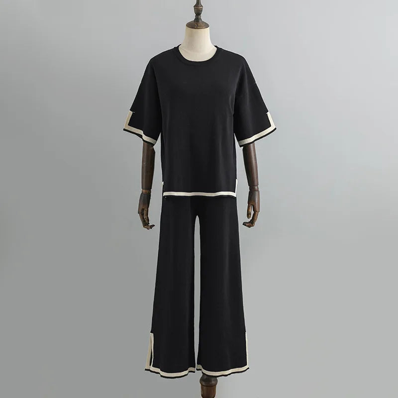 Pants Set Women Two Piece Sets Short Sleeve Spring Knit Tops Loose Casual Wide Leg Long Pants High Waist Y2k Streetwear Spring