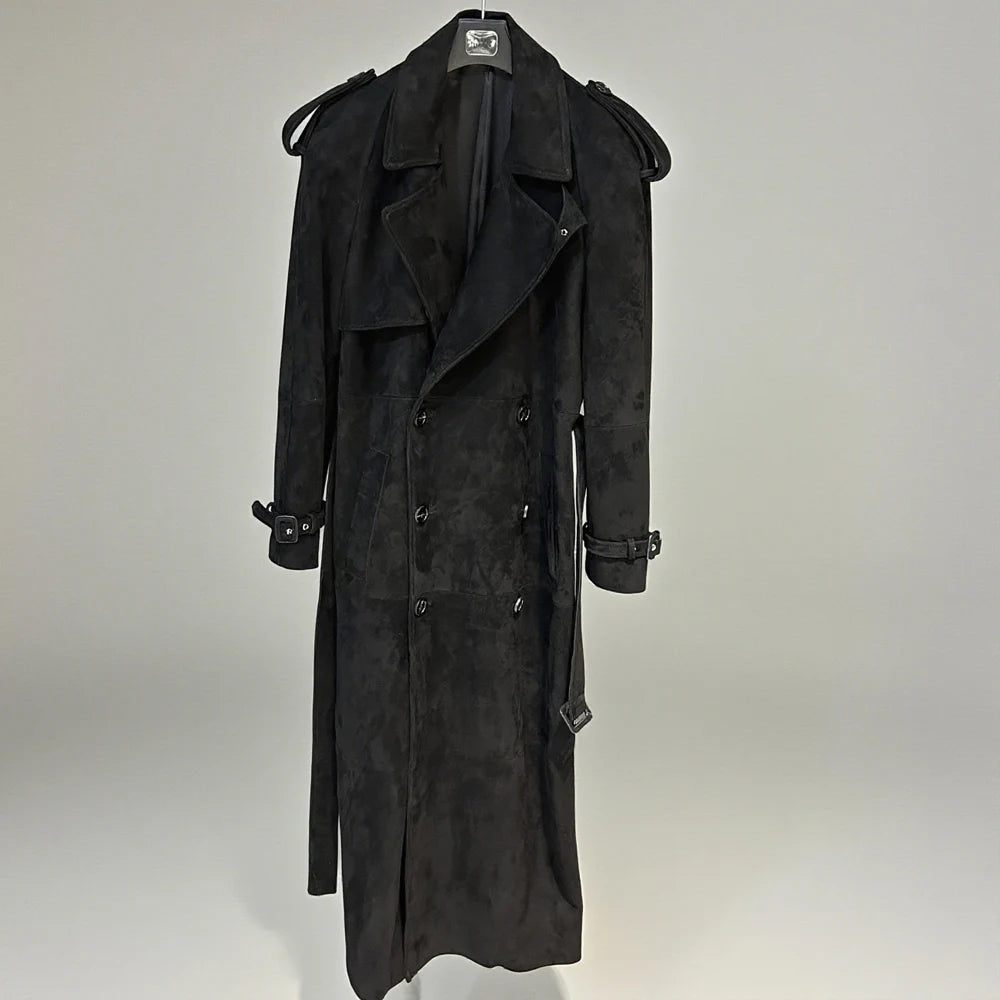 Suede Burgundy Long Coat Double Breasted Windbreak Length 150cm Women's Real Suede Coat
