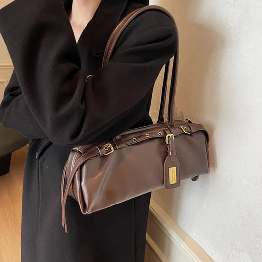 Ladies Vintage Bag Fashion Retro Large Capacity Tote Bag Motorcycle Bag Pu Shoulder Bag Handbag Brown