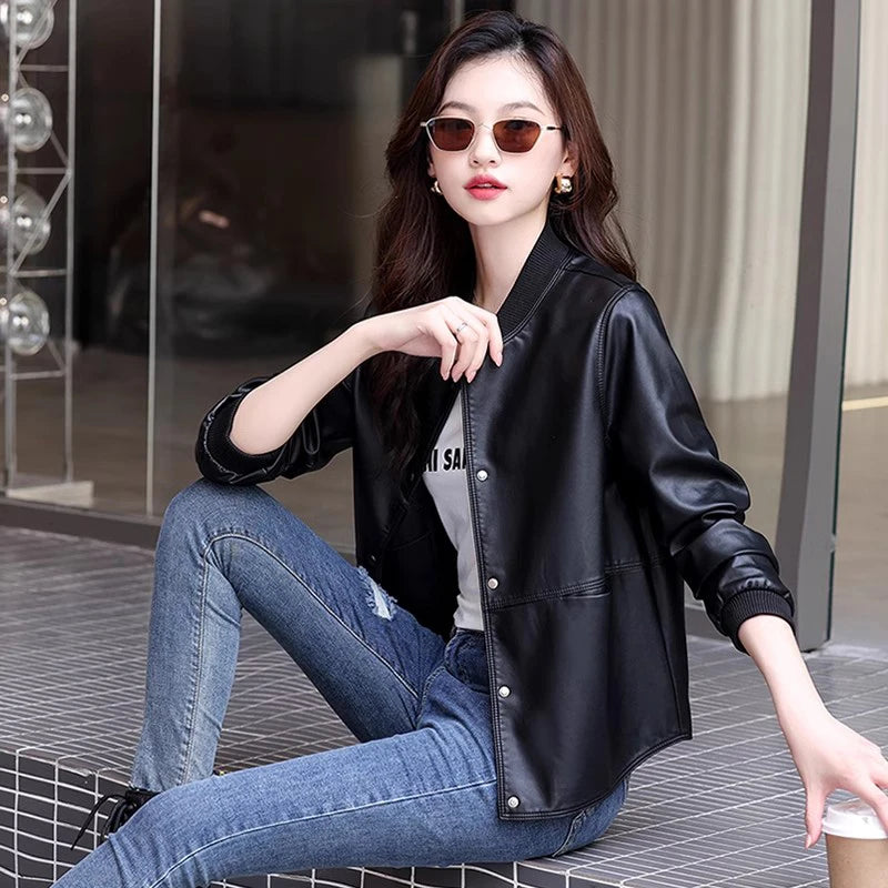 New Women Casual Leather Jacket Spring Autumn Fashion Patchwork V-Neck Single Breasted Loose Short Outerwear Split Leather