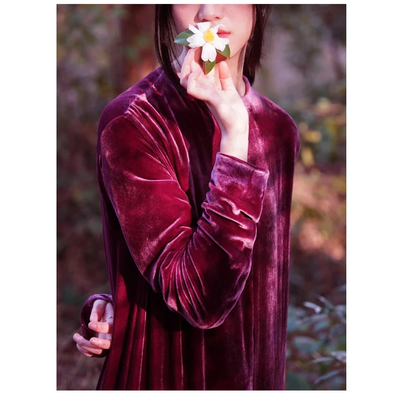 Light Luxury Natural Silk Velvet Women's Dress  Long Sleeve Long Floor-length Dress Temperament Elegant Casual Spring Autumn
