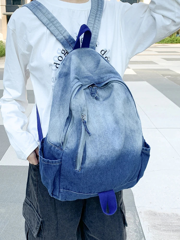 Men's and Women's Backpacks, Student School Bags, Large-Capacity Washed Denim Bags