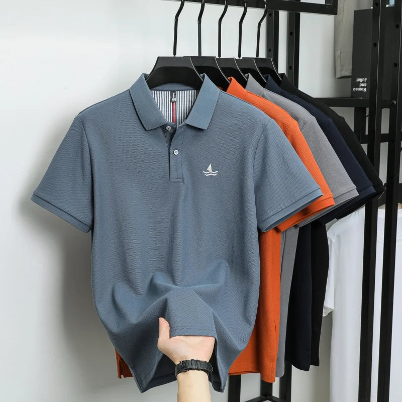 100% pure cotton men short sleeve polo shirt fashion exquisite sailboat embroidery summer comfort business casual lapel T-shirt