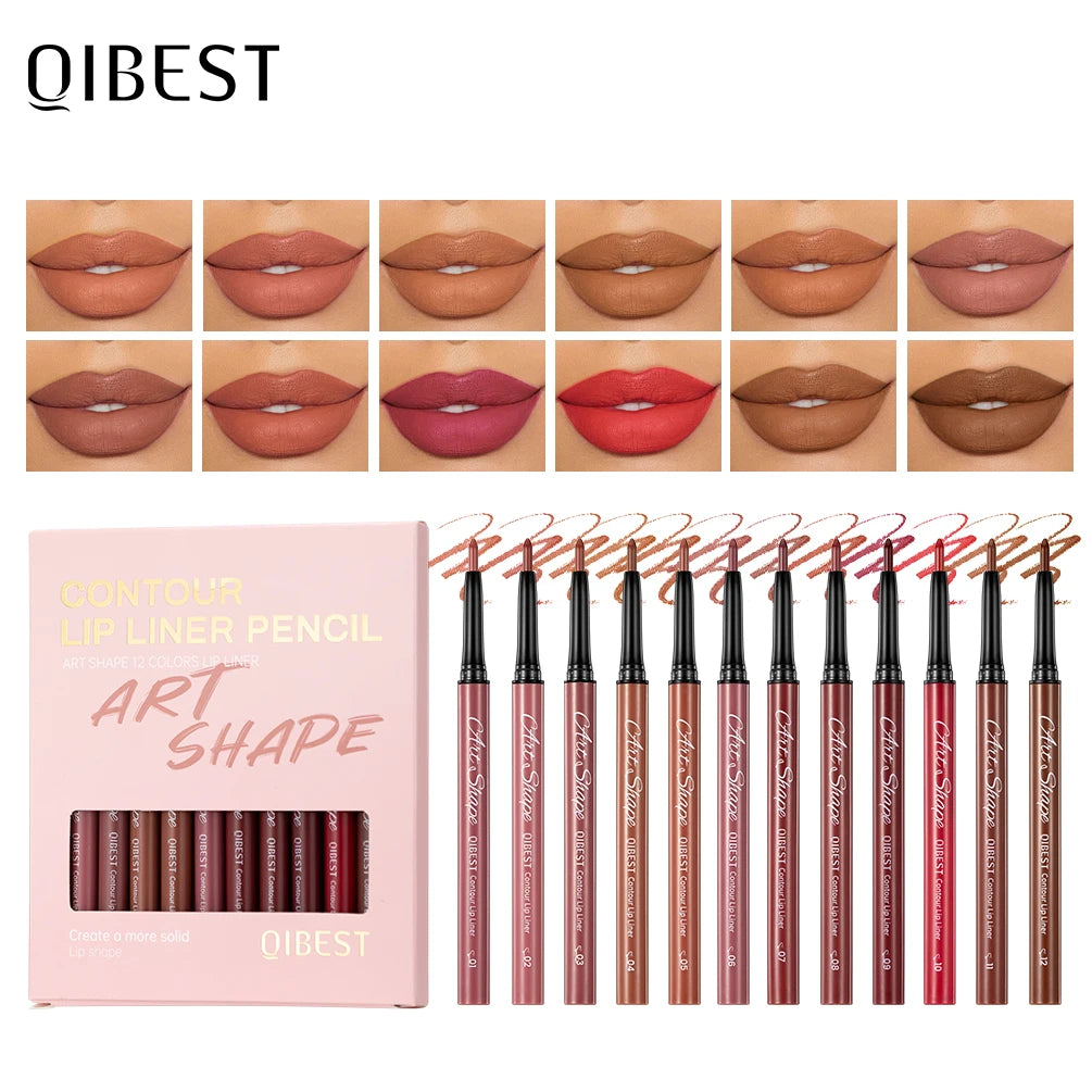 QIBEST Matte Lip Liner Set 12 Colors Nude Shades Lipliner Pen Waterproof Lip Contouring Pencils Lasting Makeup Kits Lipstick Pen