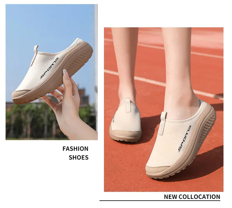 Ladies' Half Dragged Thick Soled Shoes Are Casual Lightweight and Breathable Increasing The Height for Lazy People To Step On