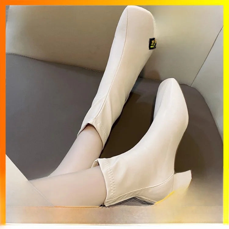 Ladies Bla High Heel ort Boots Spring Autumn Briti Sle Square Head  Boots Faionable Waterproof PU Leather