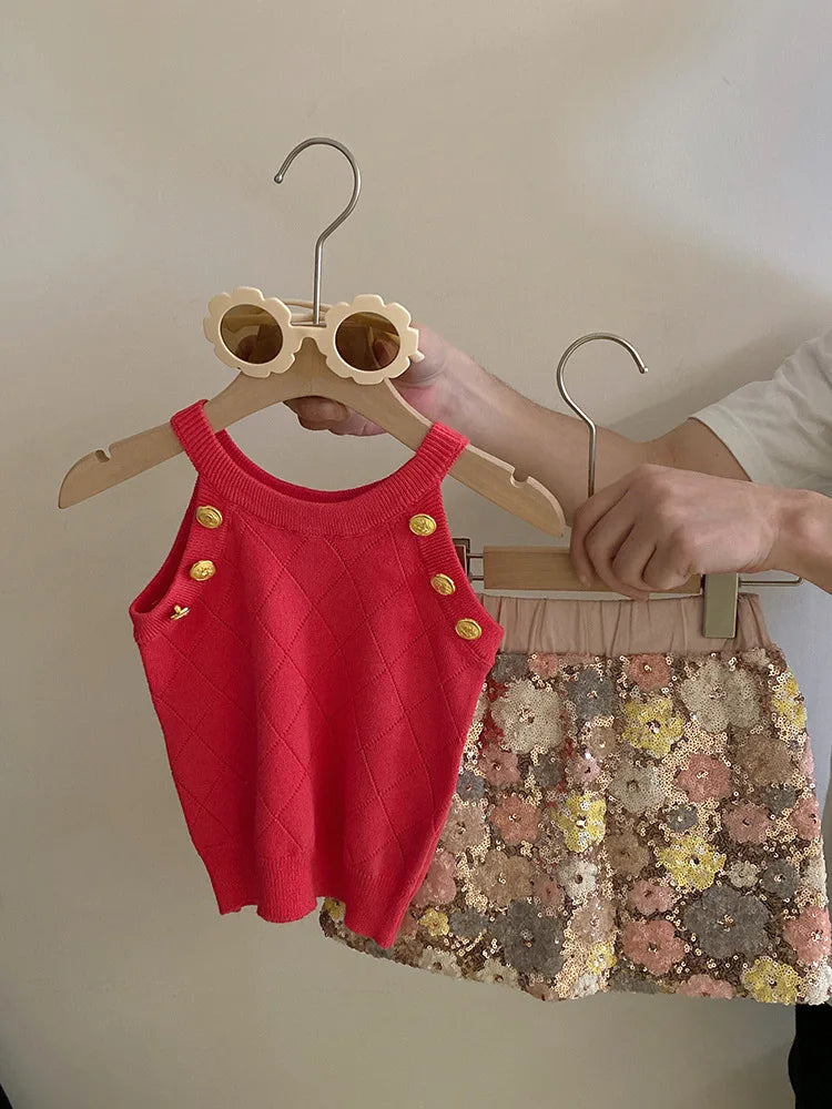 Summer Set Top 2024 New Girls Design Tank Top Flower Short Skirt Set Baby Girl Sweet Cute Temperament Clothes