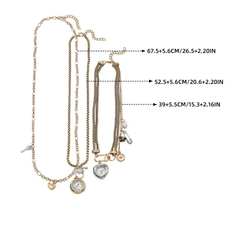 Necklace with Fashion Pin, Button Key, Heart Pendant for Women; Bohemian Multi-Strand Clavicle Chain Accessory