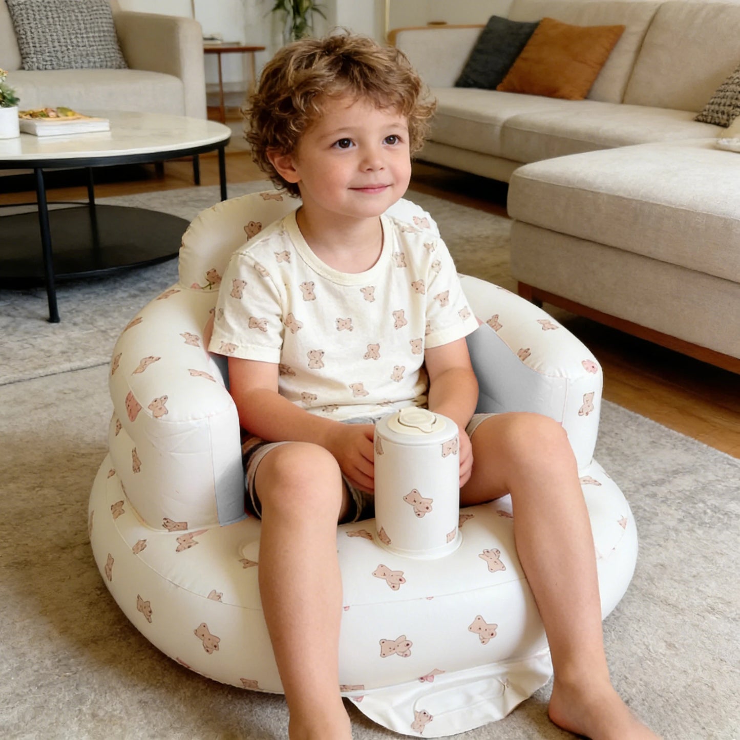 Baby Inflatable Seat, Biscuit Bear Cartoon Baby Sofa for Sitting Up 3-12 Months, Built in Air Pump PVC Back Support Sofa