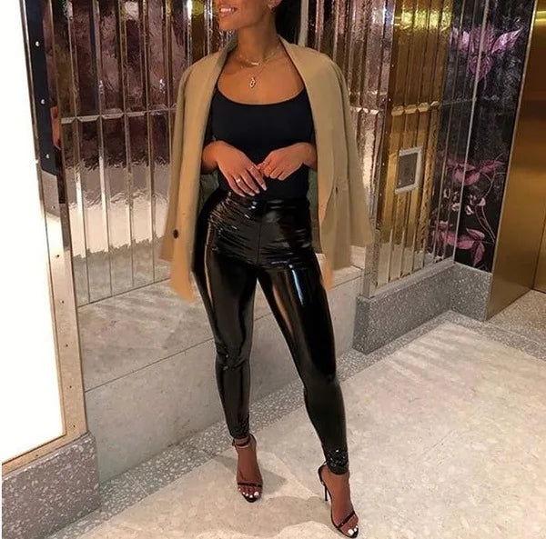 Pants women 2026 casual Spring summer patent leather mid-waist thin tight pink stylish commuting trousers PU leather tight pants