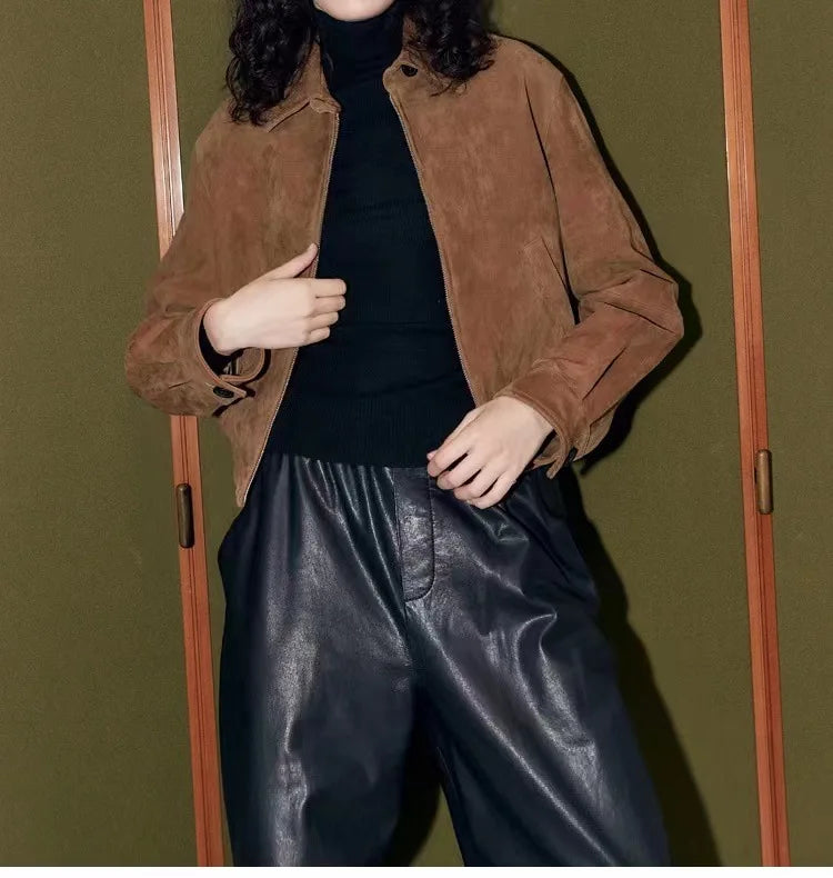 New Goatskin Suede Jacket Autumn Women Coffee Vintage Fashion Maillard Old Money Style Lapel Slim Short Genuine Leather Coat