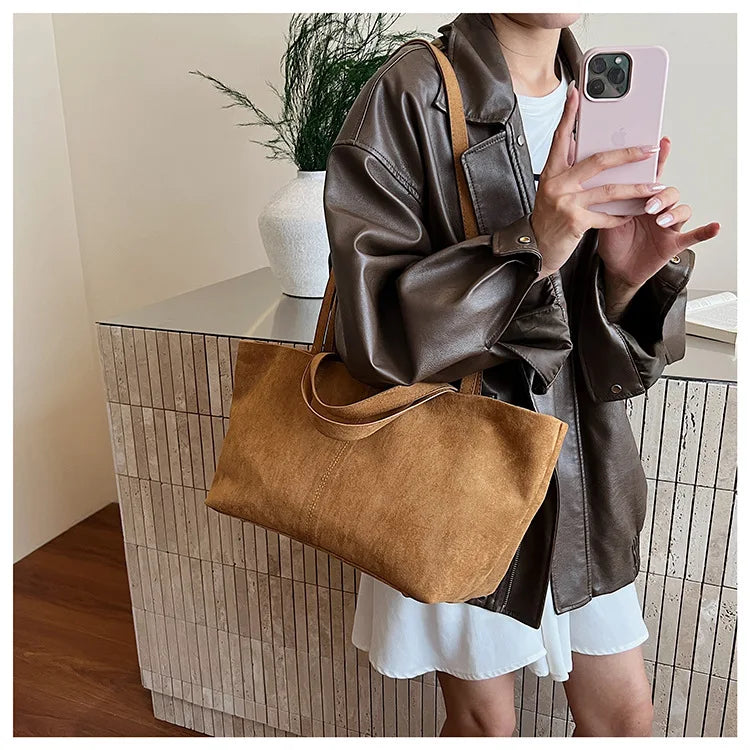 Large Capacity Tote Women Bag Retro Faux Suede Shoulder Bag Quitting Designer Bags for Women Handbag Commuting Shopper Purses