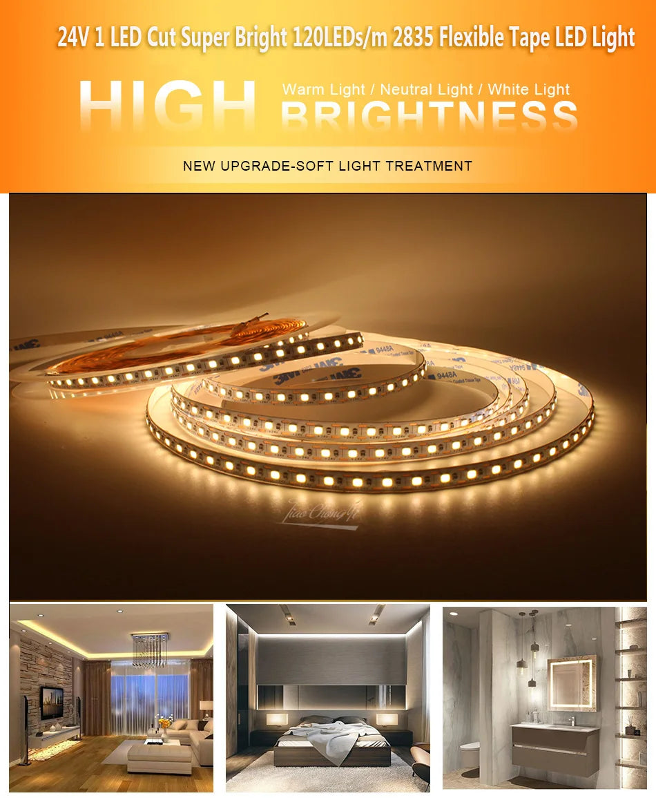 2835 LED Strip light 24V 120LEDs/m 1 LED Cut Super Bright  5mm 8mm PCB Flexible Tape LED Light  White/Natural White 1-10M