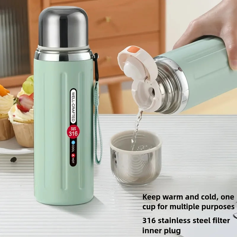 316 Insulated Water Bottle Double-Wall Vacuum Insulated Reusable Cup with Leak-Proof Flip-Top Lid & Strap for Outdoor Gym