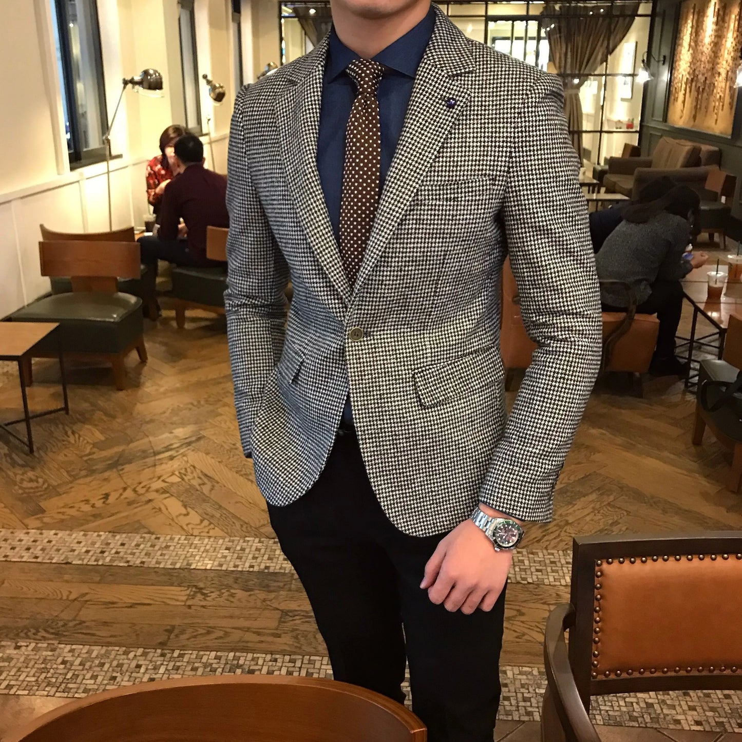 Spring and Autumn Wool Suit Men's Jacket Houndstooth Suit Large Size Retro Slim Business Thickened Casual Suit