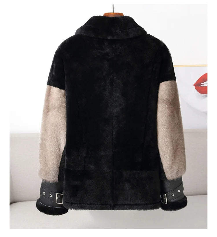 Sheepskin Coat For Women Winter Merino Fur Real Sheep Fur Jacket With Real Mink Fur Sleeve Motorcyle Female Winter Clothings