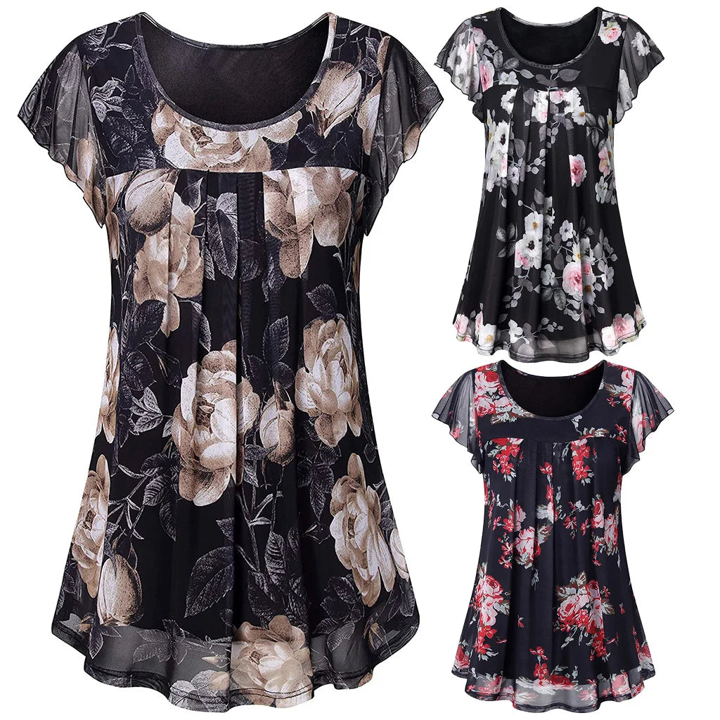 Womens Tops Summer T Shirts Casual V Neck Floral Print Petal Women's Athletic Shirts Mesh fabric Plus Size