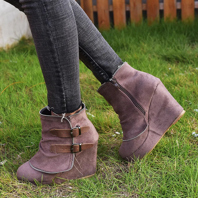 2025 Modern High-heel Boots for Women Ankle Wedges Suede Ladies Shoes Splicing Fake Zip Belt Buckle Height Increasing Daily Wear