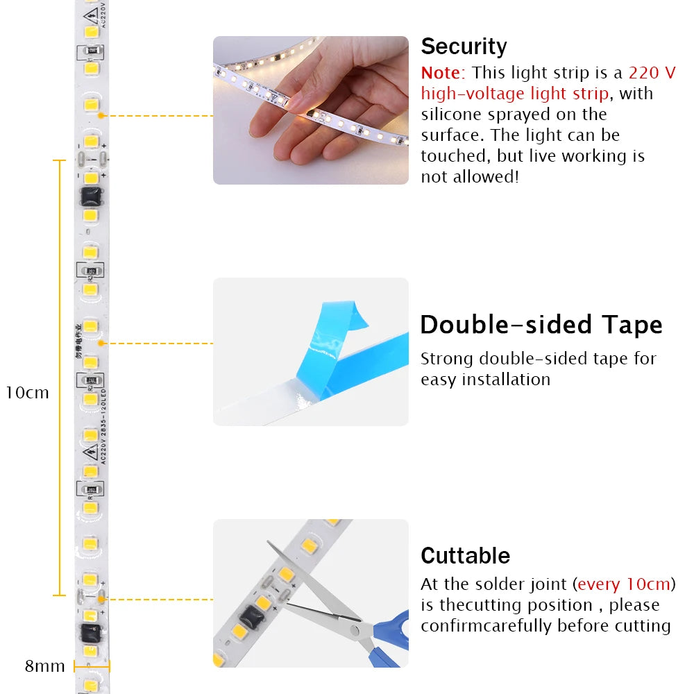 Adhesive Led Light Strip 10M 50M AC 220V 2835 120LEDs/m tiras de luces led Waterproof Ribbon Home Decor 3000K 4000K 6000K