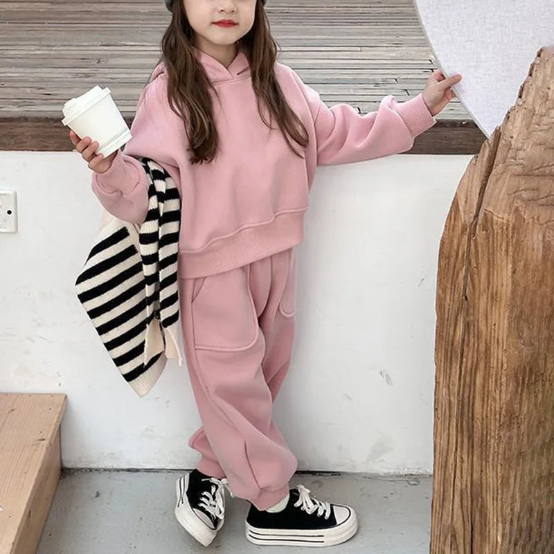 2025 Winter New Children Plus Velvet Thick Clothes Set Boys Girls Fleece Hooded Sweatshirt + Sweat Pants Suit Kids Warm Outfits