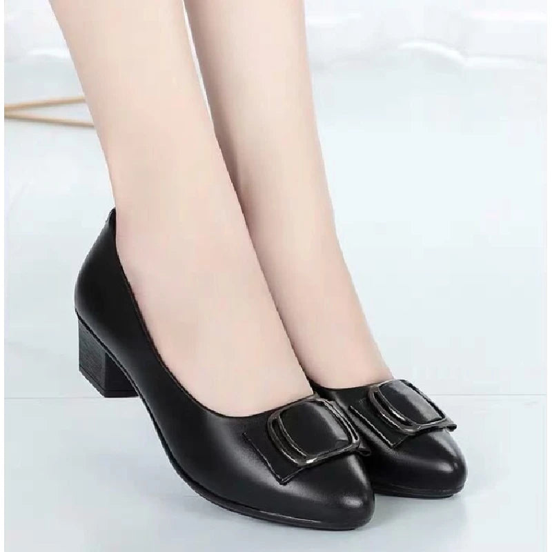 2025 Spring/Autumn New Women's Office Loafers, Soft Leather Medium Heel Non-slip Flat Shoes for Daily Wear