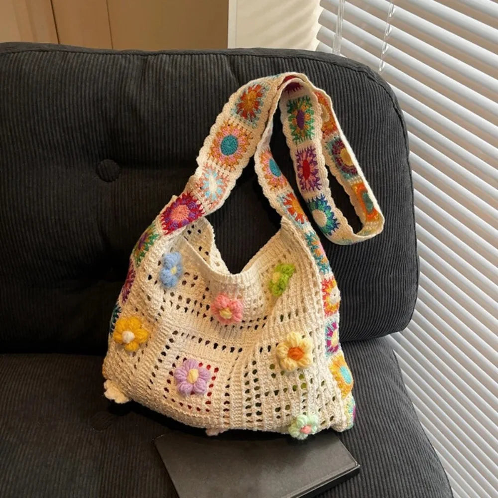 Fashion Large Capacity Women Shoulder Bag Floral Crochet Vintage Handbag Boho Hollow Out Knitted Crossbody Bags