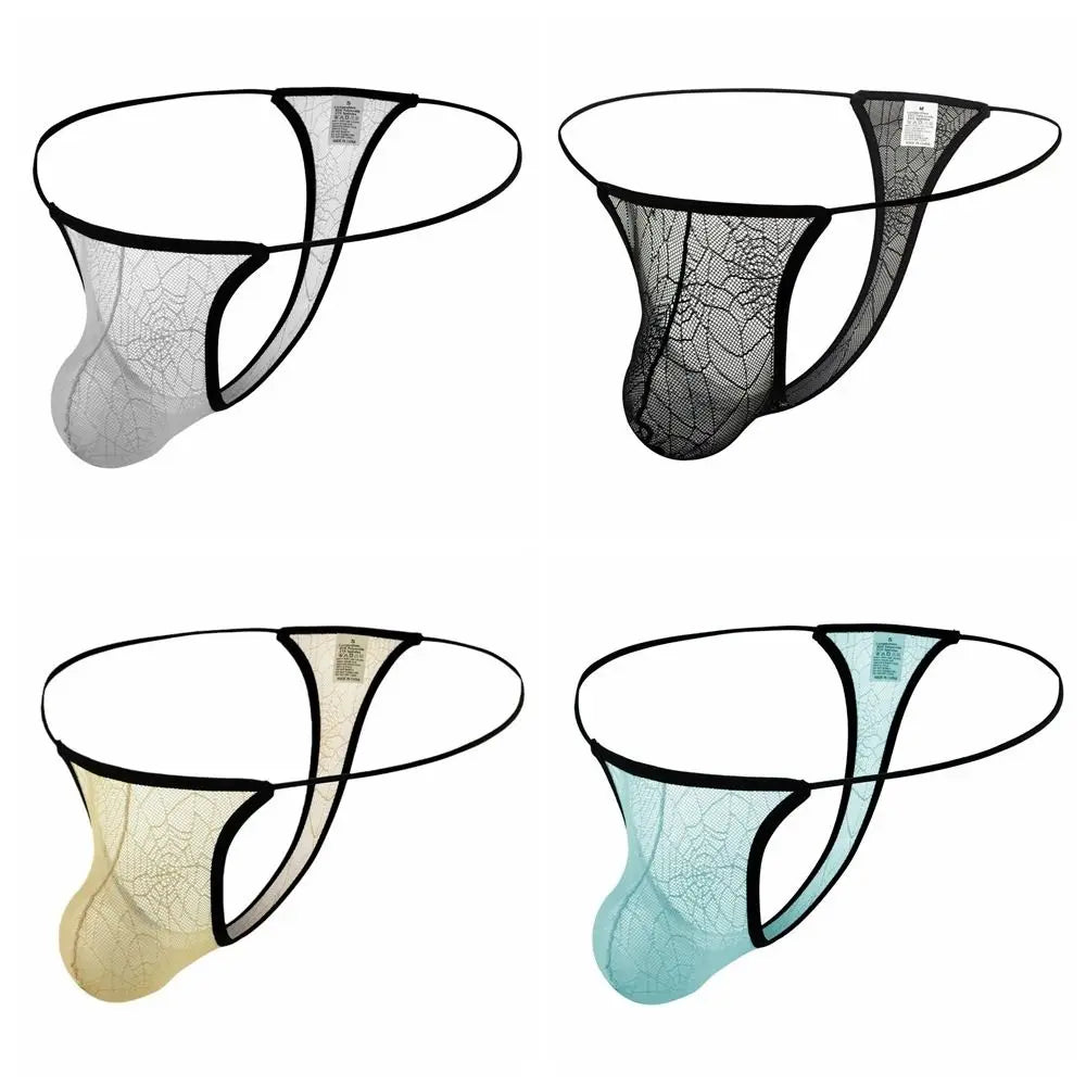 Lingerie Low Waist Men's Thongs Transparent Mesh T-back Briefs Halloween Net U Convex Pouch Lace Triangle Panties Casual Use