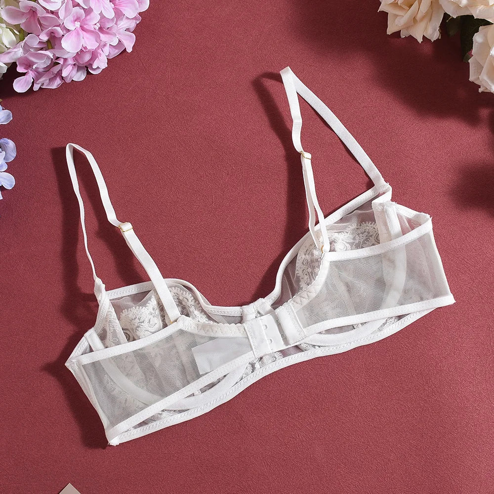 Lingerie Set Women Lace Bra Panty Garter Straps Sexy Underwear Transparent Mesh Intimate Wear Elegant Nightwear Bedroom Outfit