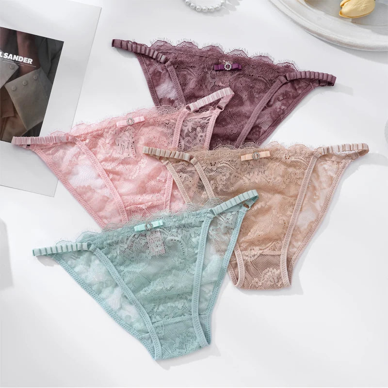 Thongs For Women Sexy Solid Color Lace Panties Low Waist Lingerie Hollow Out Transparent Floral Adjustable Breathable Underwear