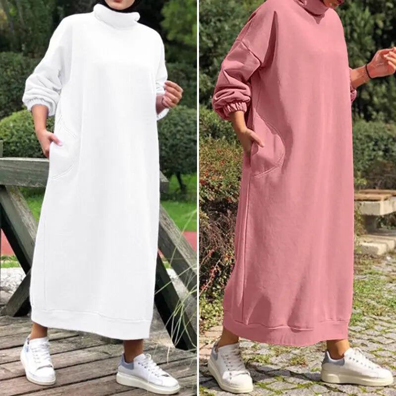 Women Hoodies Dresses Autumn Winter Casual Hooded Plush Tutleneck Pocket Sweaters Dress Long Sleeved Casual Loose Vestidos 2023