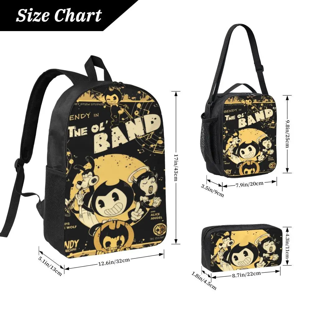 3Pcs Bendys And The Dark School bags Set for Boy Girl Pen Bags Backpack Sets with Lunch Box For School Students Knapsack