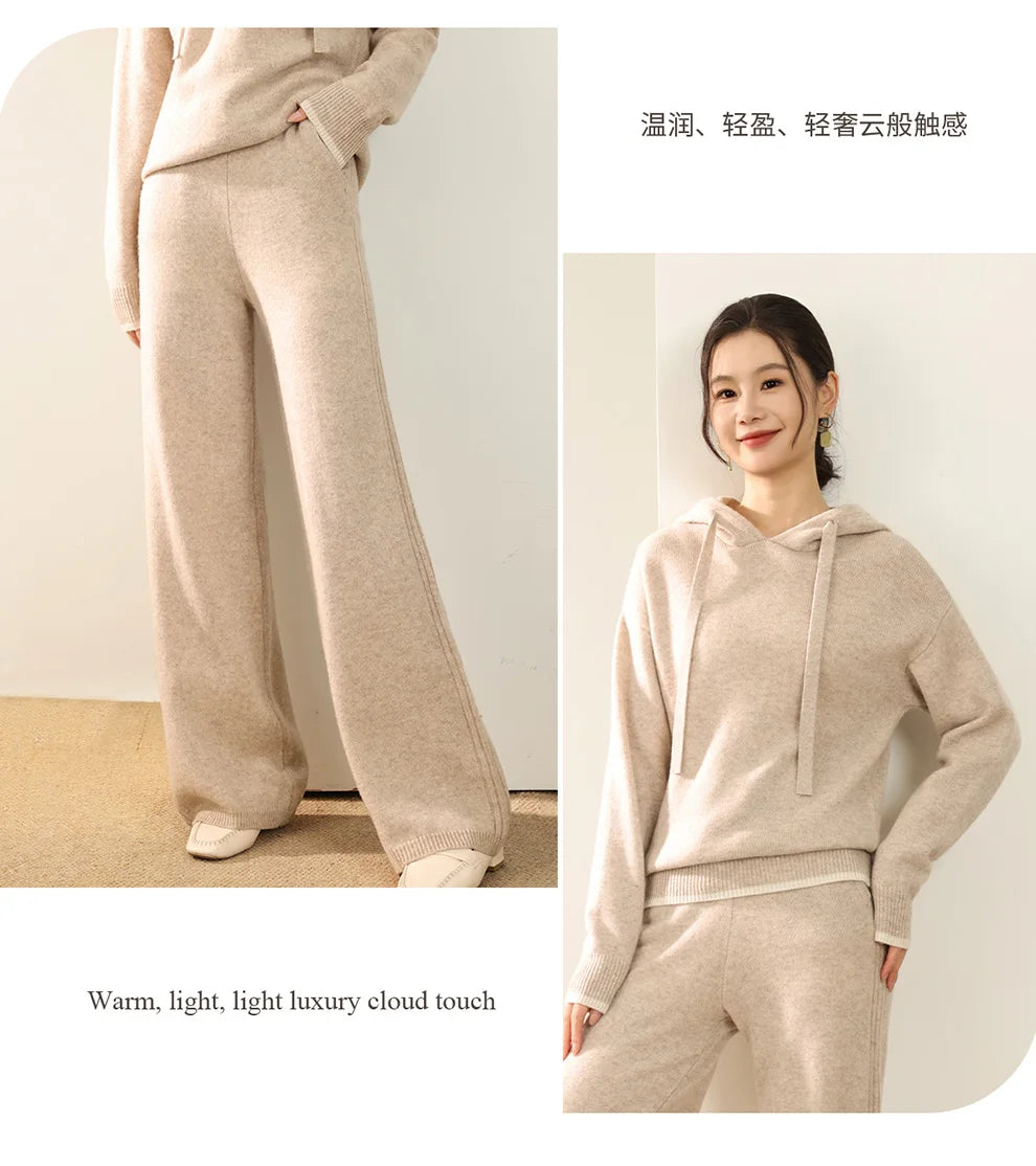 Autumn And Winter New 100 Pure Wool Suit Women Hooded Sweater Wide-Leg Pants Casual Knitting Two-Piece Suit